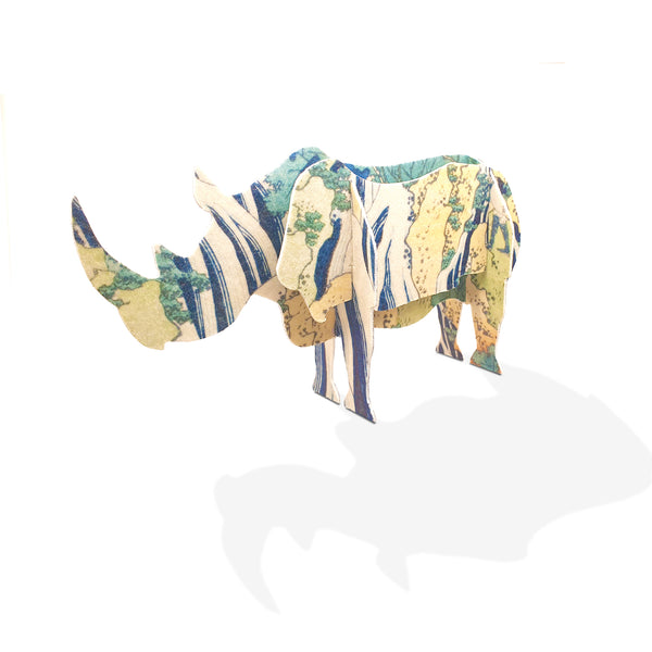 Rhino Sculpture - with Hokusai Art Print