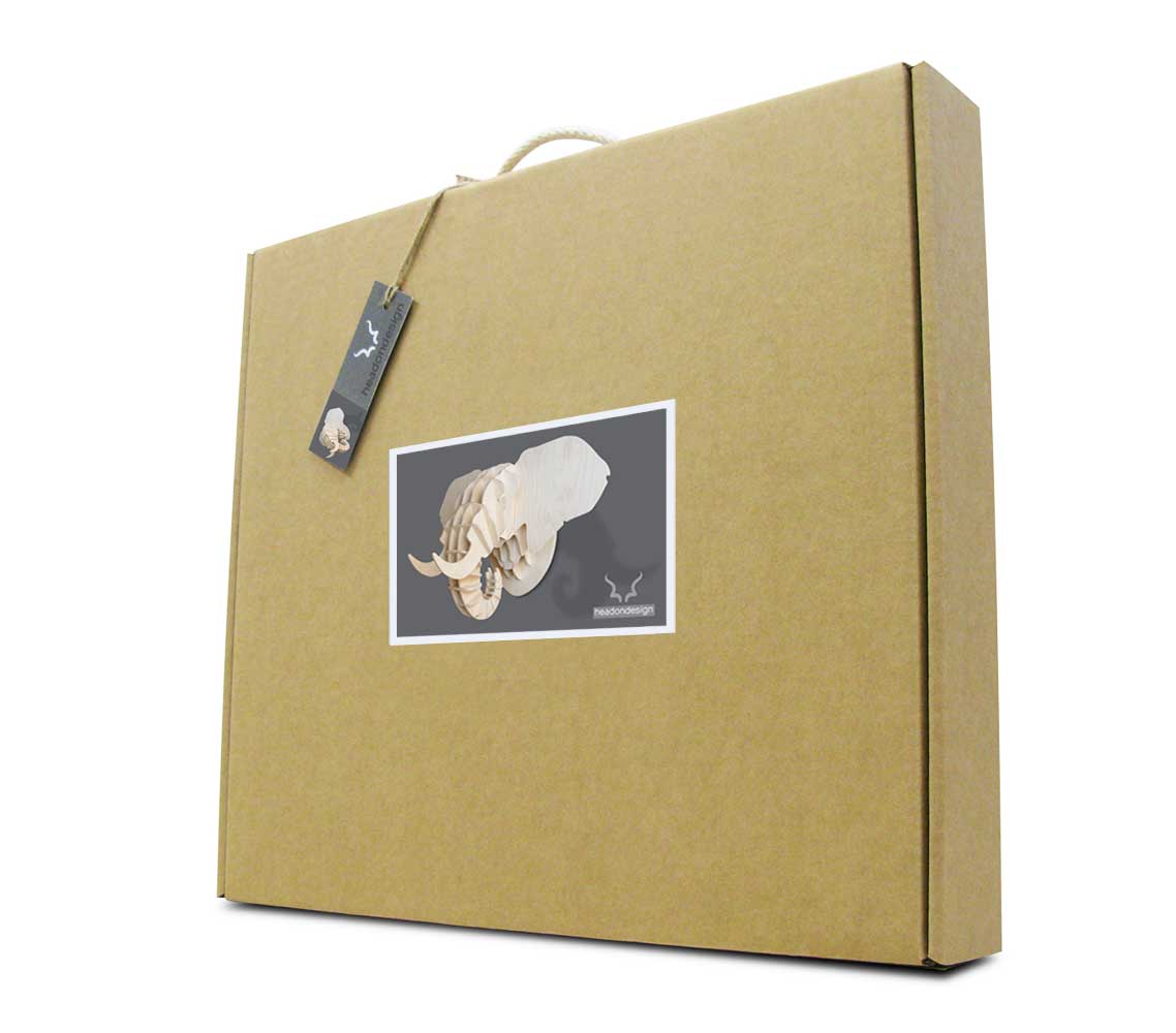 Elephant head sculpture in birch ply flat-packed
