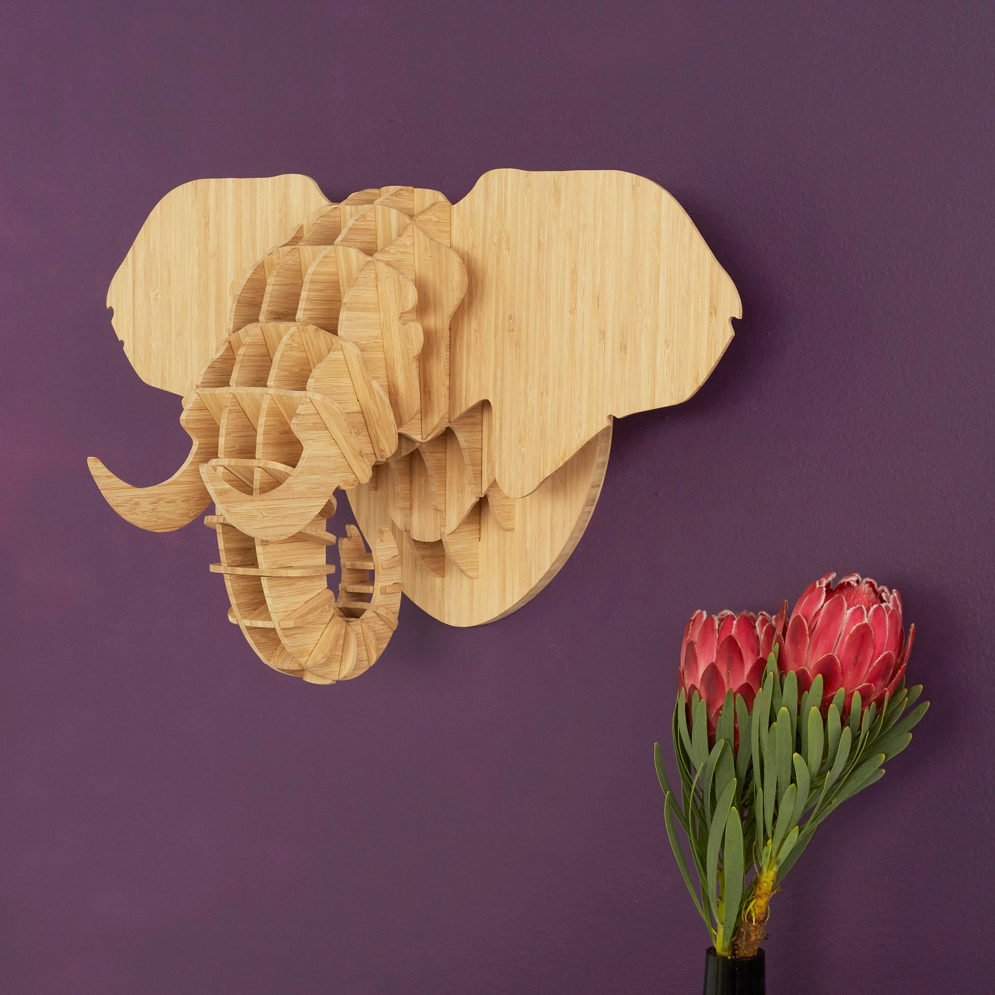 Elephant head sculpture in bamboo