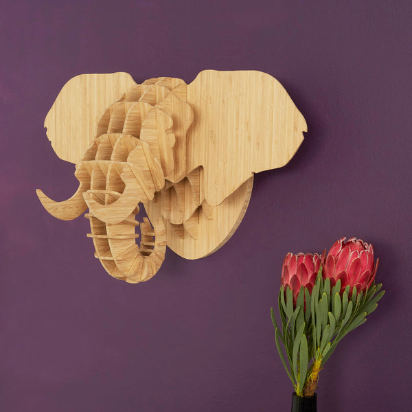 Elephant head sculpture in bamboo