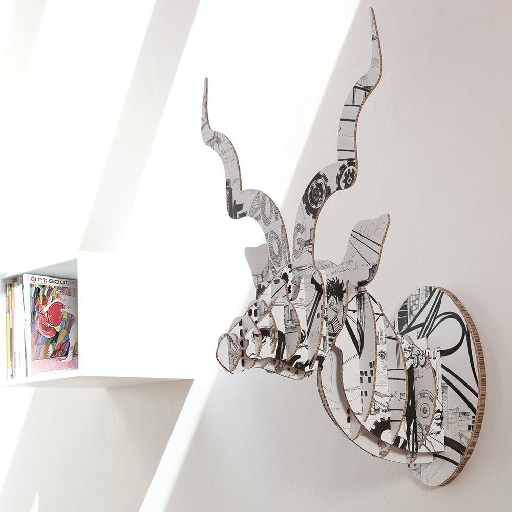 Head On Design kudu head sculpture in recycled board Sharon Boonzaier print