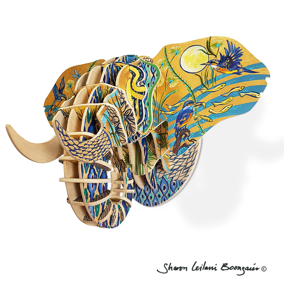 Hand painted 'Kingfisher' Elephant head.