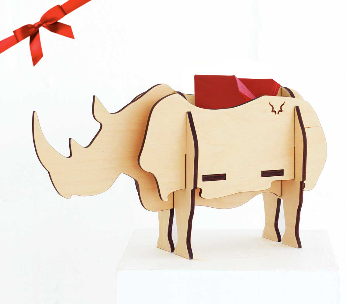 Table decor, Rhino in birch ply, Head on design