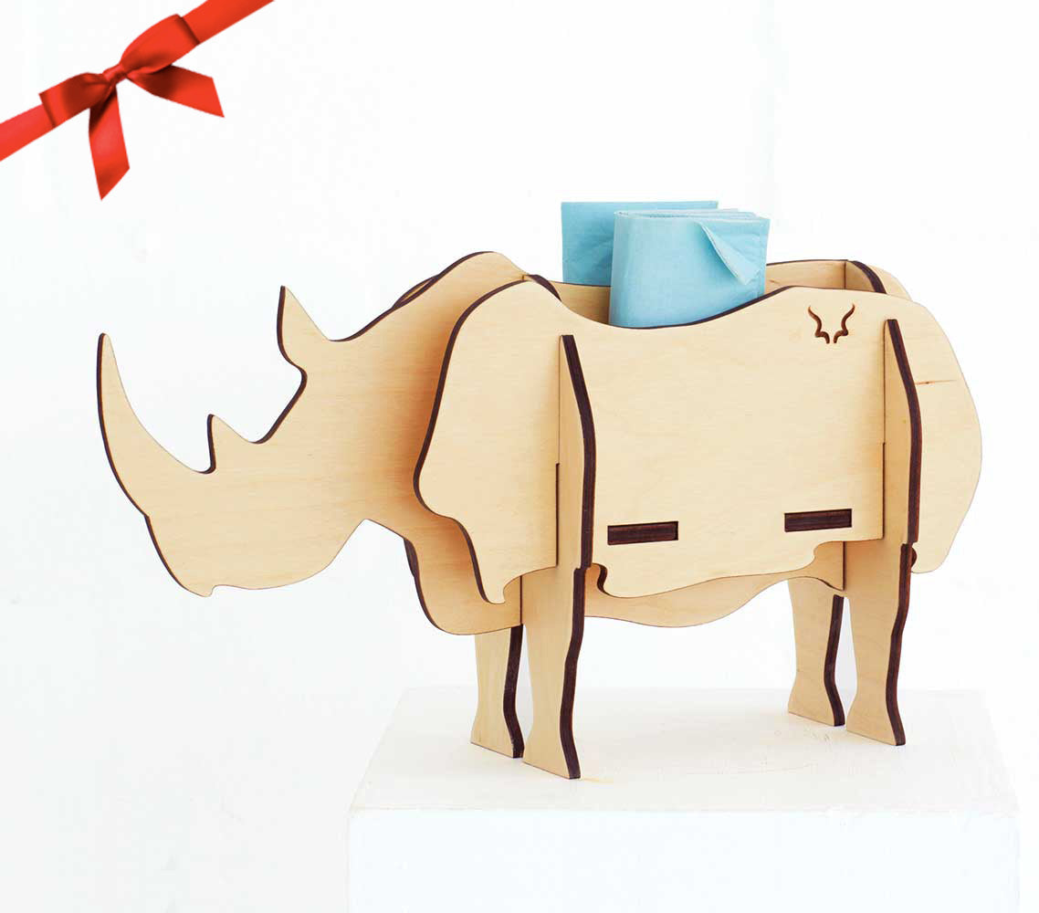 Table decor, Rhino in birch ply, Head on design