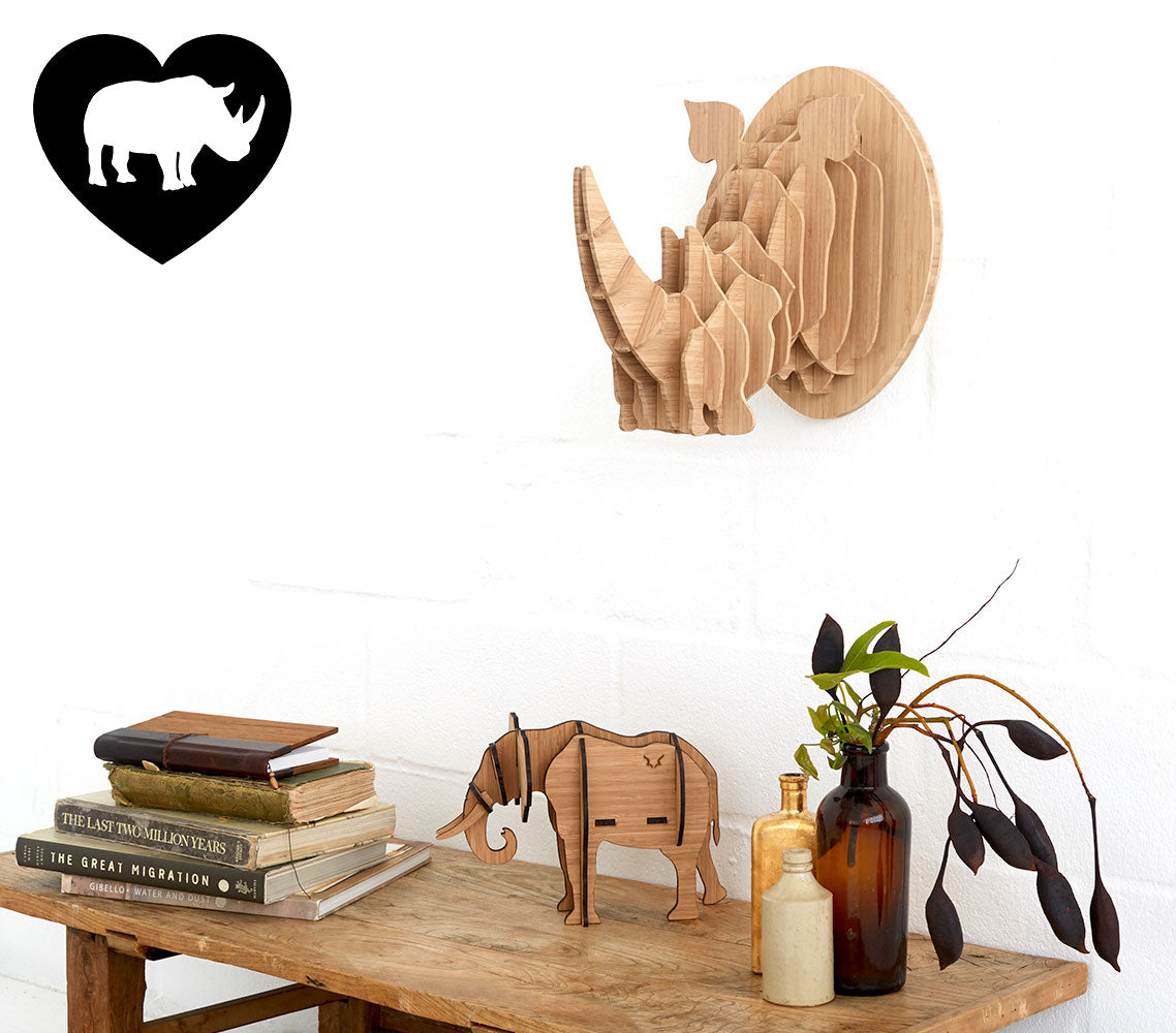 Rhino trophy head in bamboo, Head On design, flat packed, wall decor