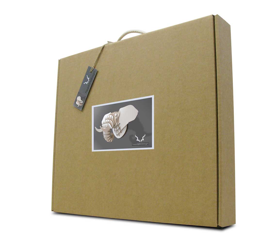 Elephant head sculpture in recycled board flat-packed